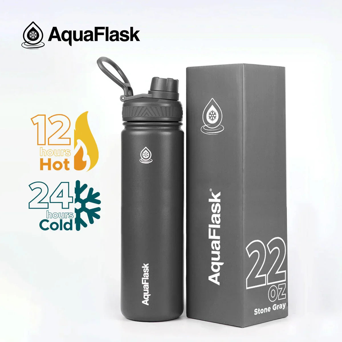 AquaFlask 22oz stone gray insulated water bottle with box, keeps drinks hot 12h or cold 24h.