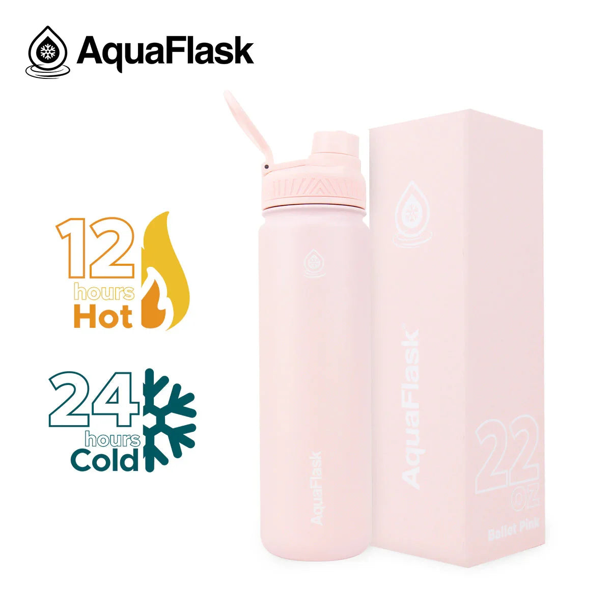 AquaFlask 22oz Ballet Pink water bottle with box, keeps drinks hot 12 hours or cold 24 hours