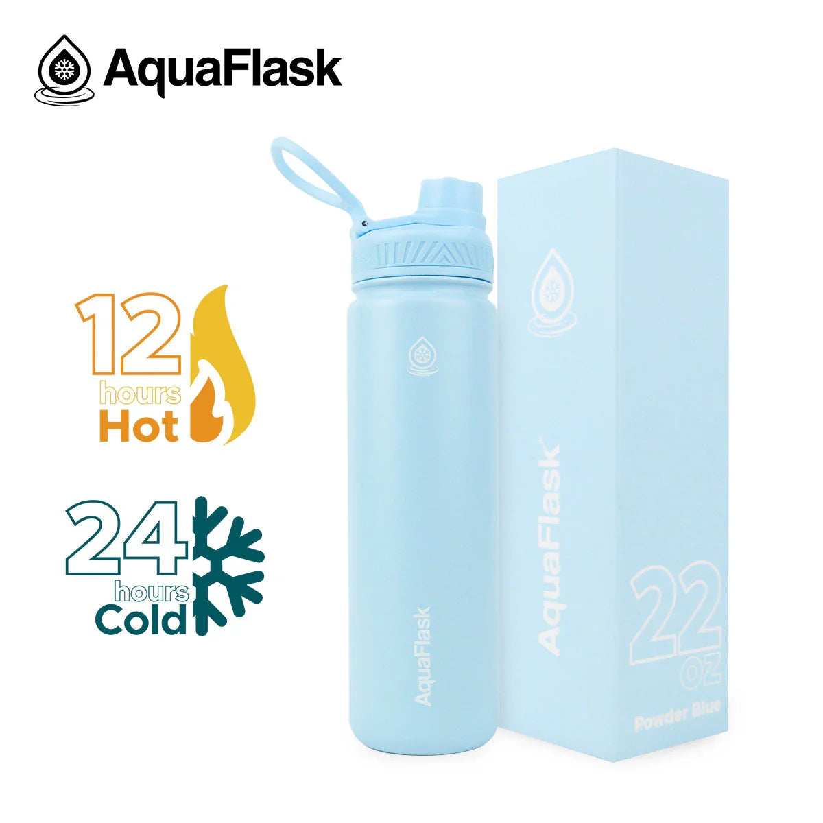AquaFlask 22oz powder blue insulated water bottle with box, hot and cold retention icons