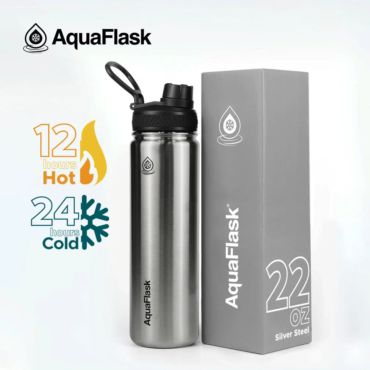 AquaFlask 22oz silver steel water bottle with box, keeps drinks hot 12h, cold 24h