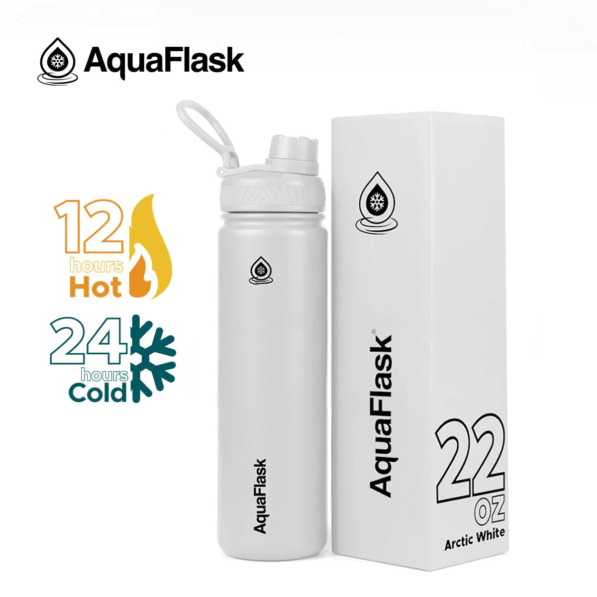 AquaFlask 22oz Arctic White insulated water bottle with box, keeps drinks hot 12hrs, cold 24hrs