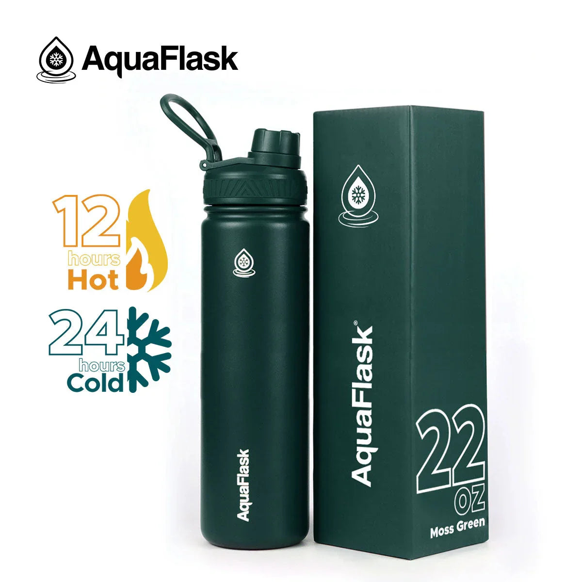AquaFlask 22oz moss green water bottle with box, keeps drinks hot for 12h, cold for 24h