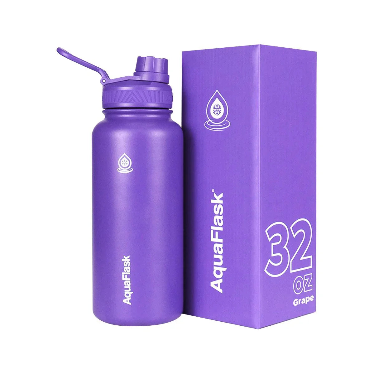 Purple AquaFlask 32 oz Grape water bottle with matching box, white background.