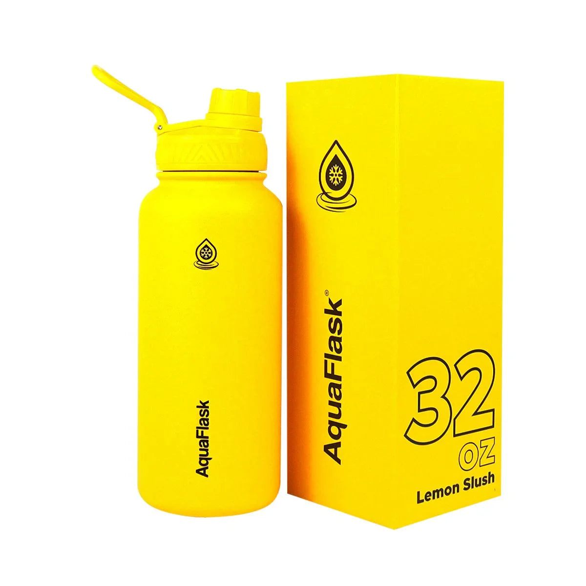 AquaFlask 32oz yellow water bottle and box, Lemon Slush design, on white background.