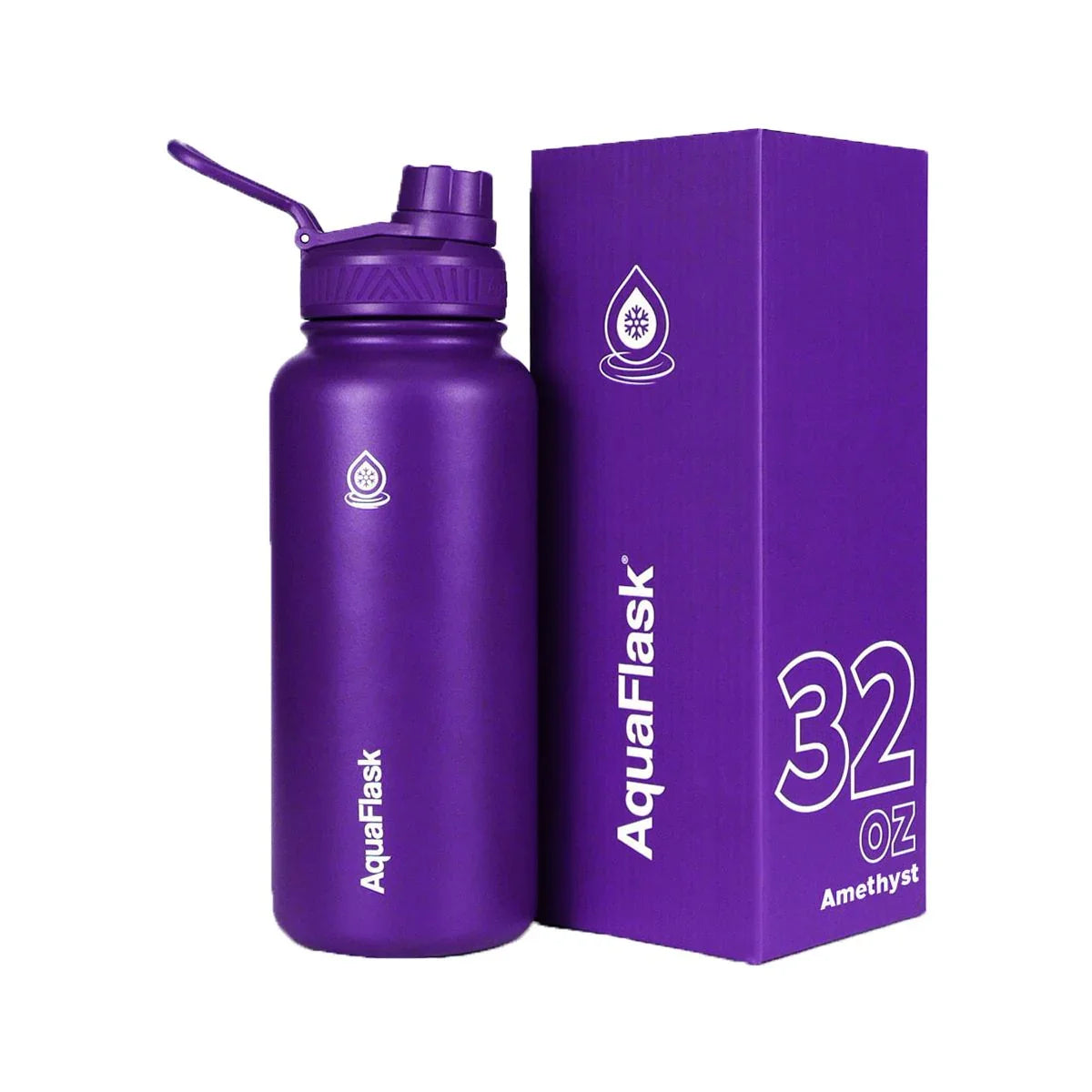 Purple AquaFlask 32oz Amethyst water bottle with matching box, white logo and text