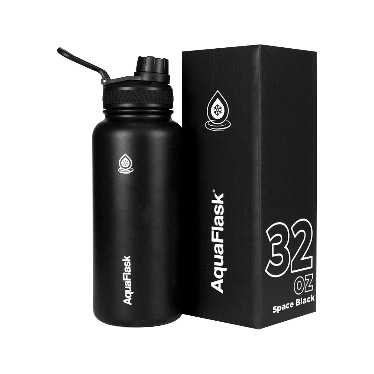 AquaFlask 32oz space black water bottle with matching box, logo and branding visible.