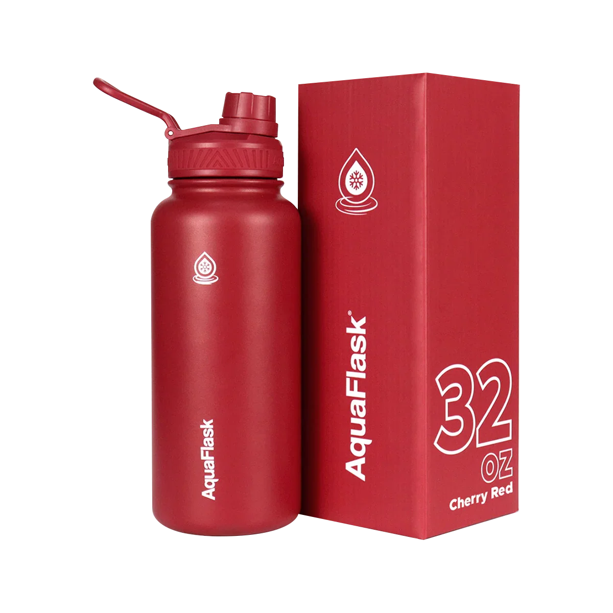 AquaFlask 32oz cherry red water bottle with matching box, white logo and text