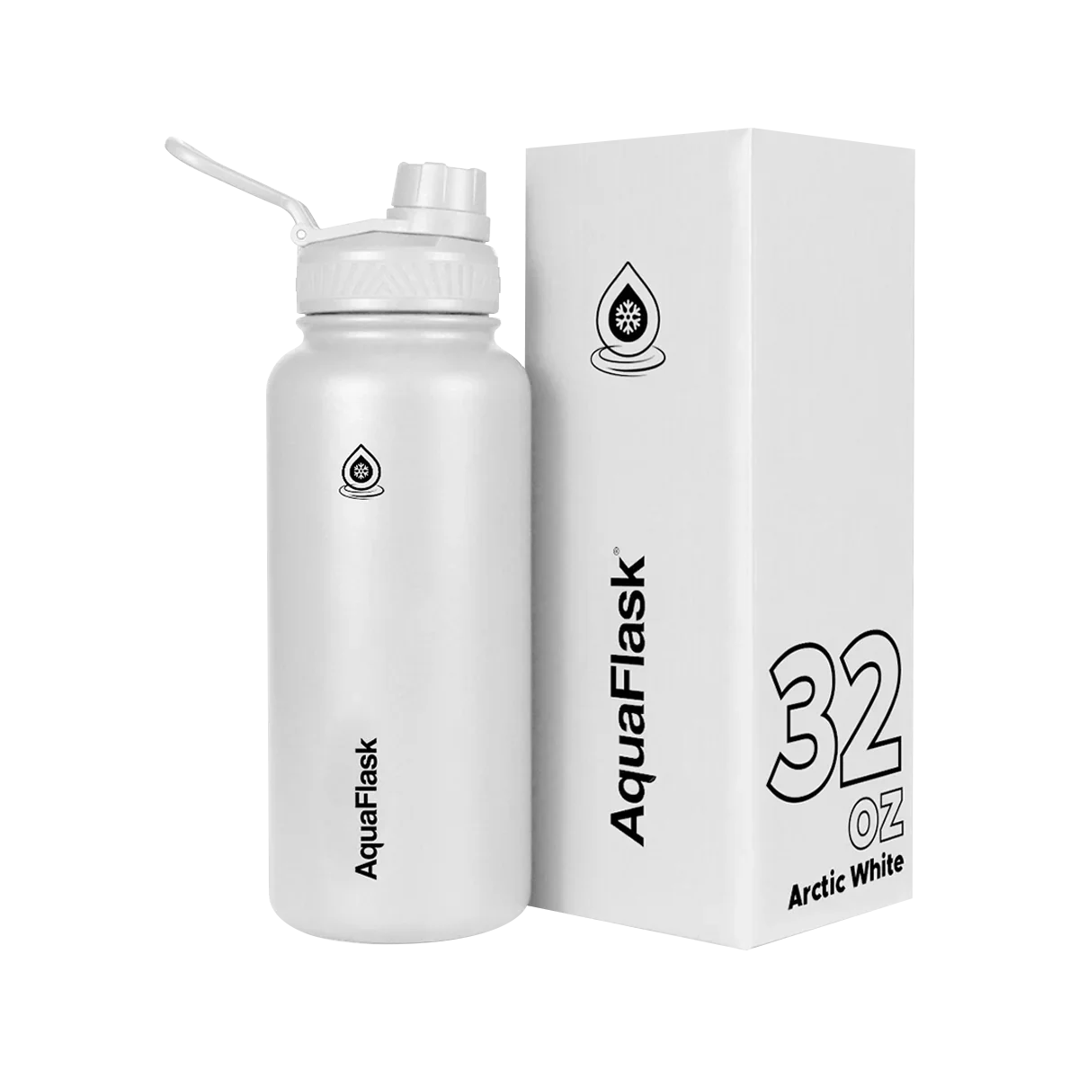 AquaFlask 32oz Arctic White insulated water bottle with box and logo