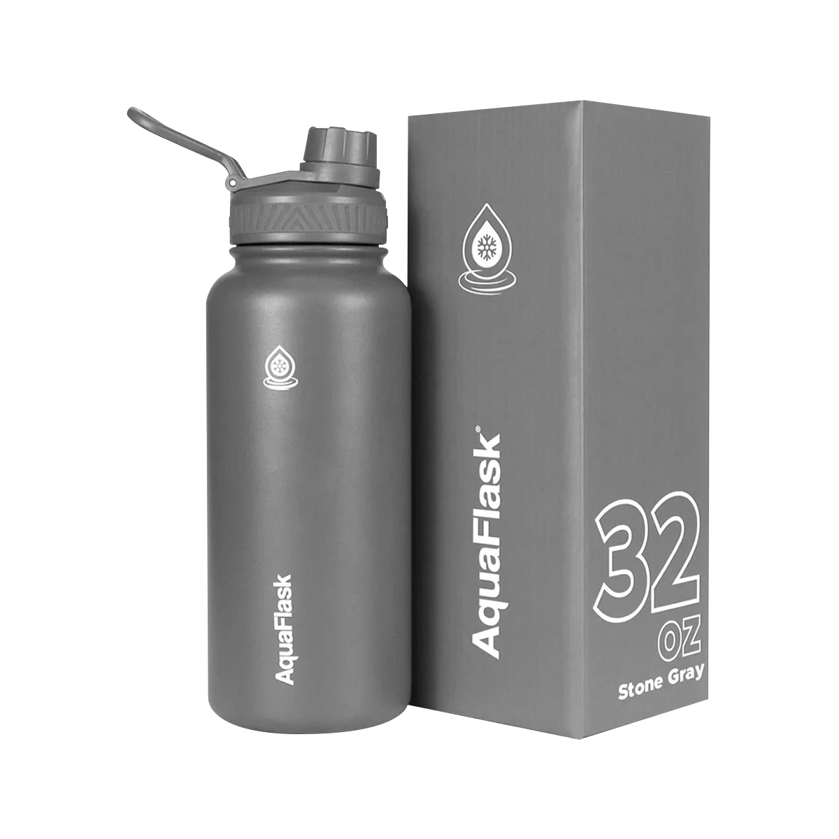 AquaFlask 32oz stone gray water bottle with matching box
