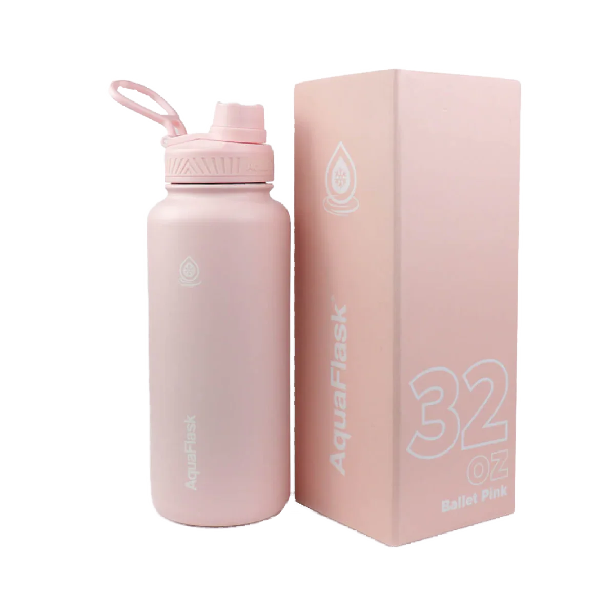 AquaFlask Ballet Pink 32oz water bottle with matching box on white background