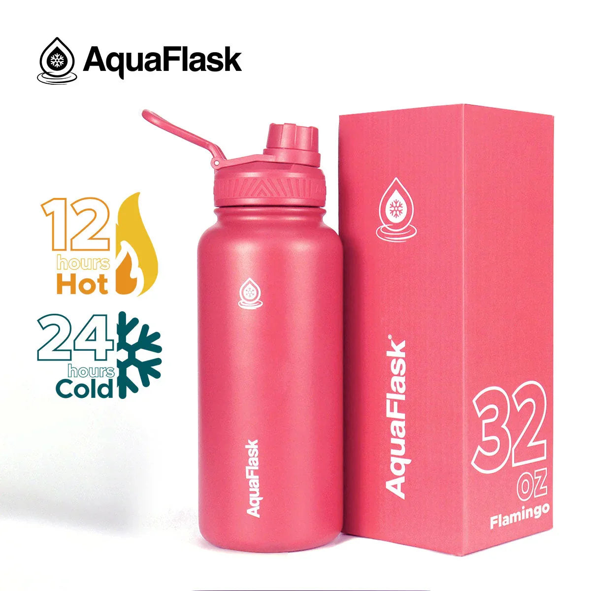 AquaFlask 32oz Flamingo pink insulated water bottle with box, keeps drinks hot or cold.