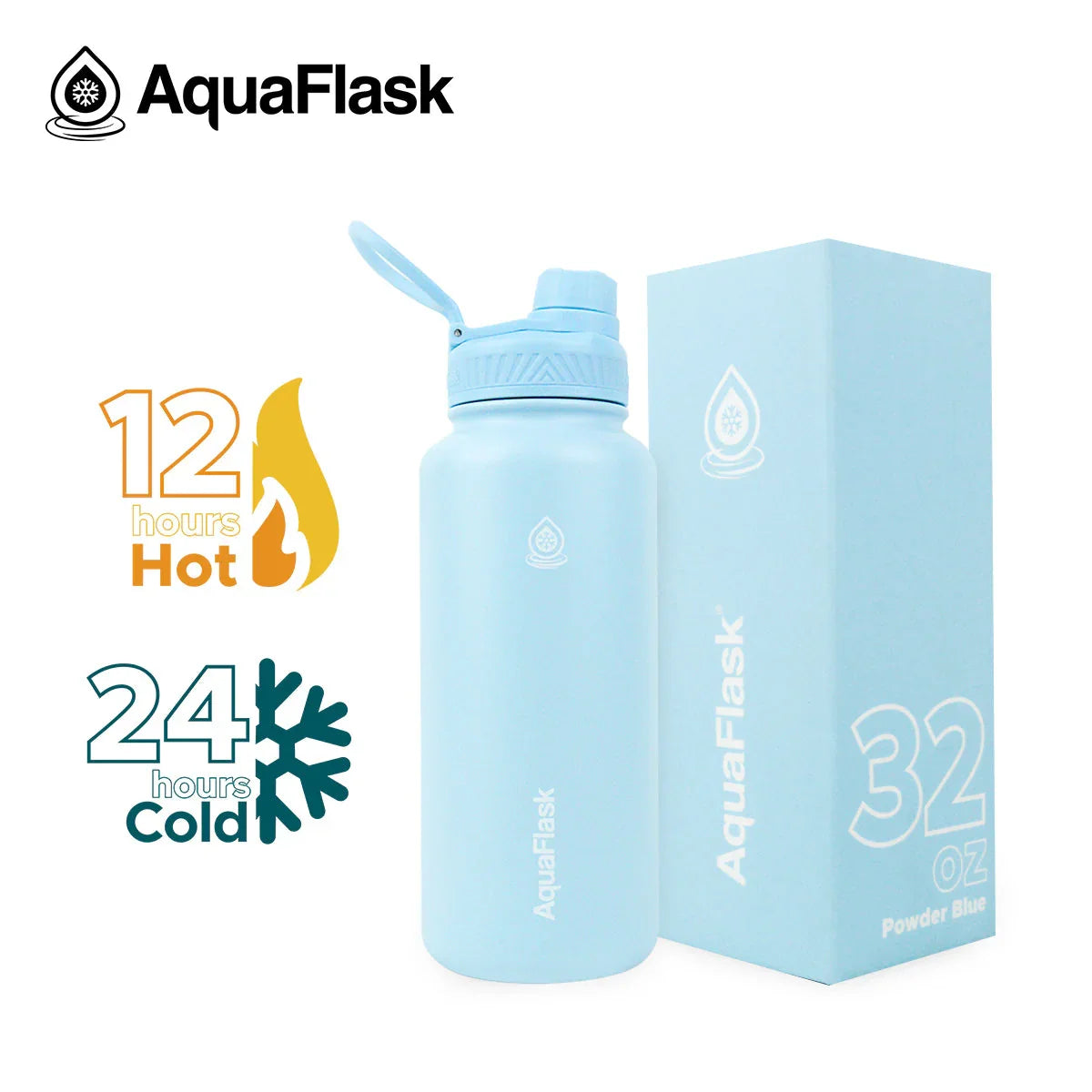 AquaFlask 32oz Powder Blue insulated water bottle with box, keeps drinks hot 12h, cold 24h