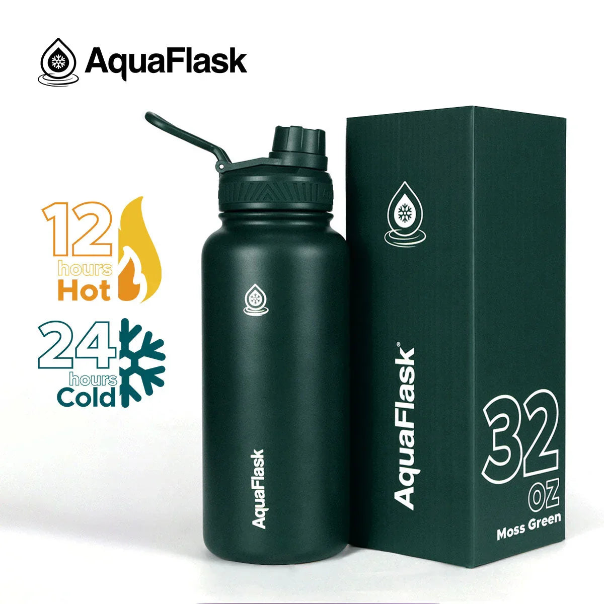 AquaFlask 32oz Moss Green insulated water bottle with box, keeps drinks hot 12h, cold 24h