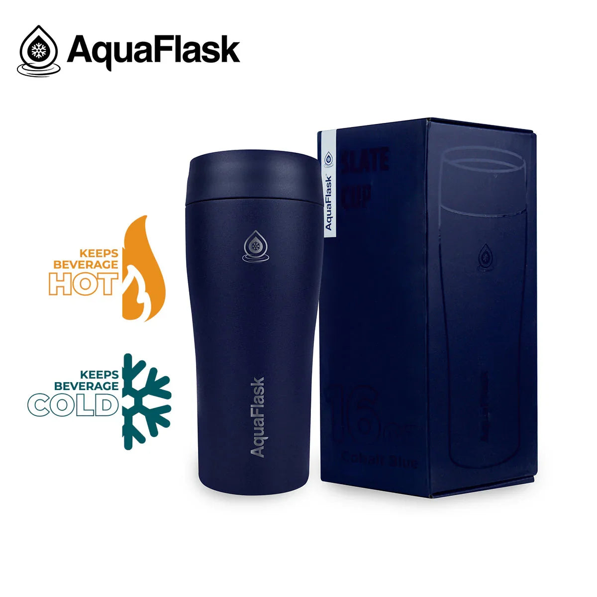 AquaFlask 16oz cobalt blue tumbler with box, keeps beverages hot or cold