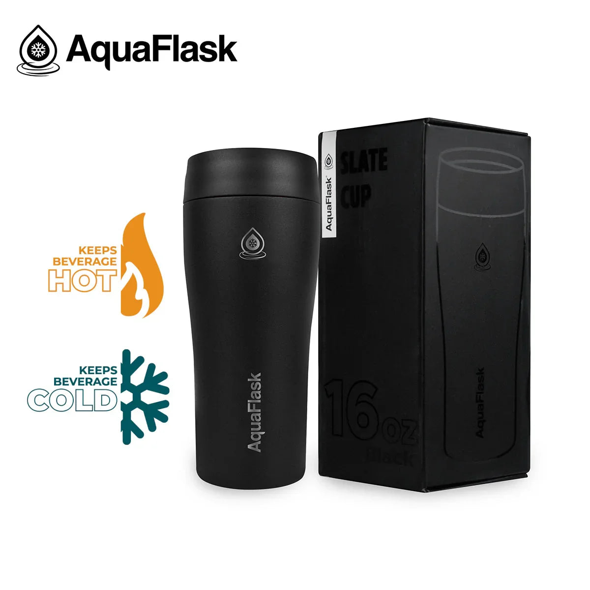 AquaFlask 16oz black tumbler with box, keeps drinks hot or cold, insulated cup