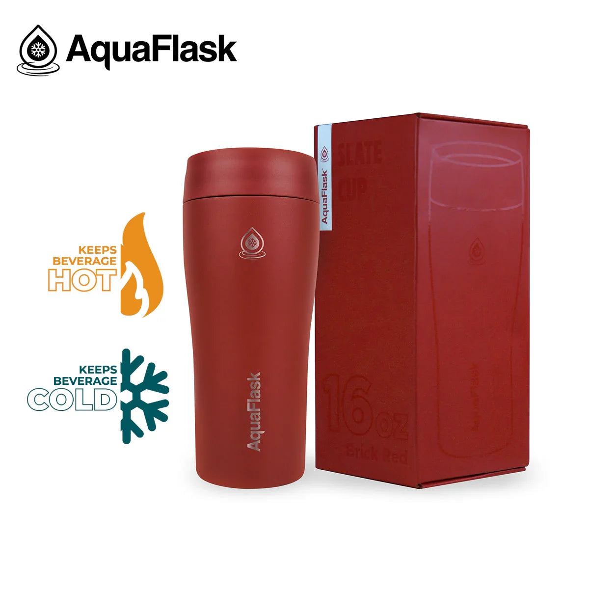 AquaFlask 16oz brick red tumbler and box, keeps drinks hot or cold, logo visible