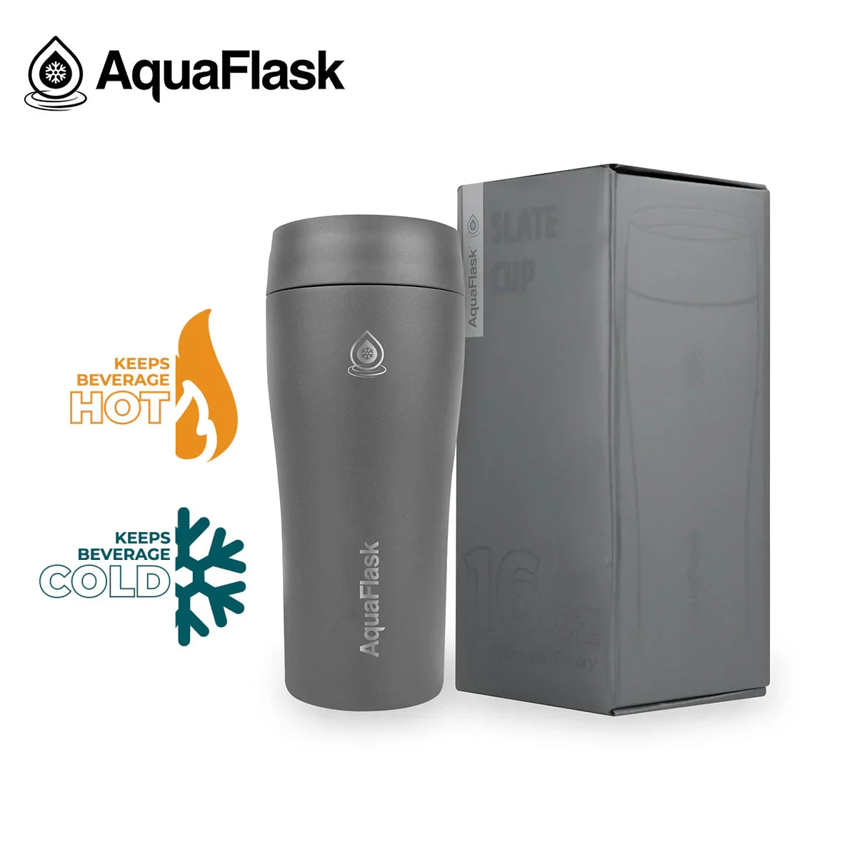 AquaFlask 16oz Stone Gray tumbler with box, keeps drinks hot or cold, insulated travel mug