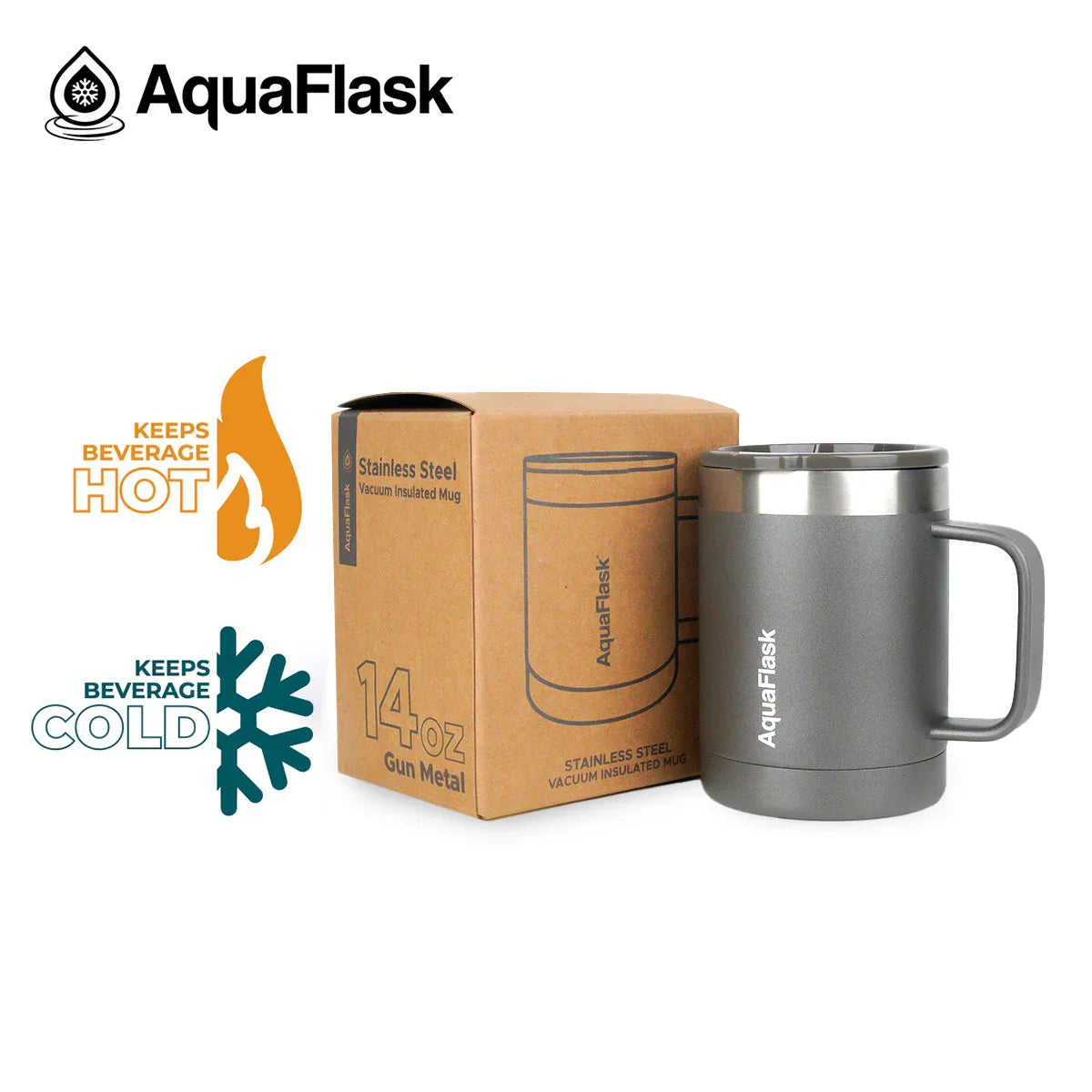 AquaFlask 14oz gun metal stainless steel vacuum insulated mug with box, keeps drinks hot or cold.