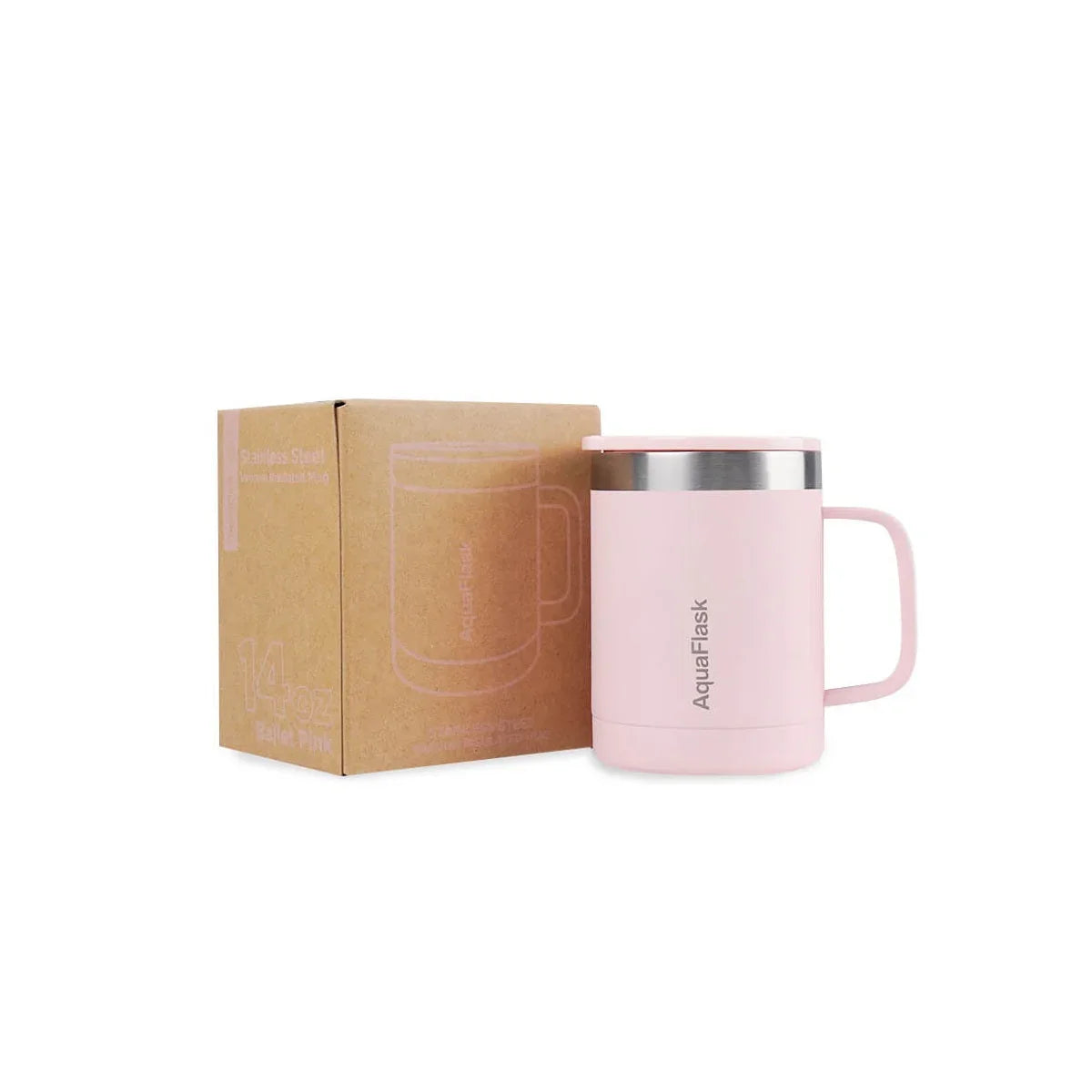 AquaFlask 14oz Ballet Pink stainless steel mug with box on white background