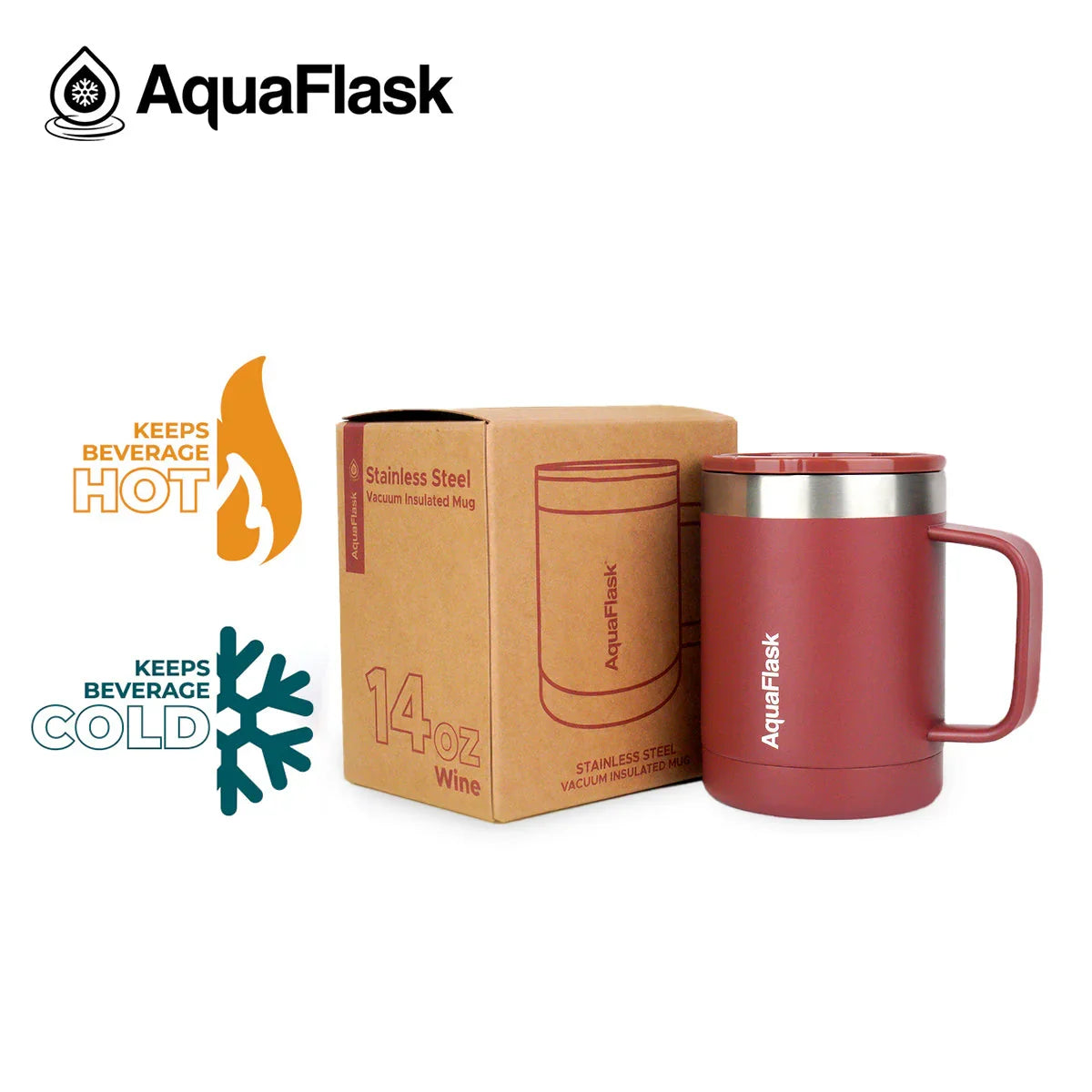 AquaFlask 14oz wine vacuum insulated mug in red with box, keeps drinks hot or cold.
