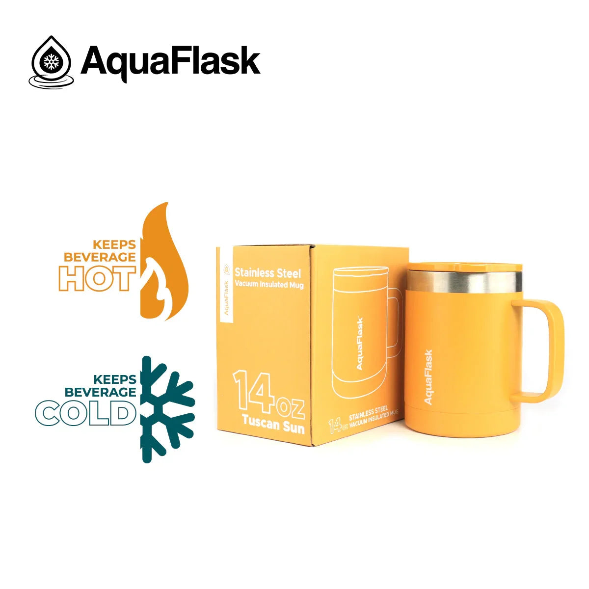 AquaFlask 14oz Tuscan Sun stainless steel insulated mug with box, keeps drinks hot or cold.