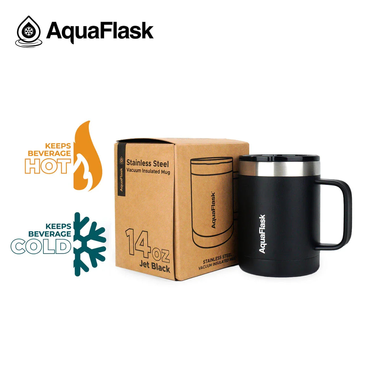 AquaFlask 14oz jet black stainless steel vacuum insulated mug with box