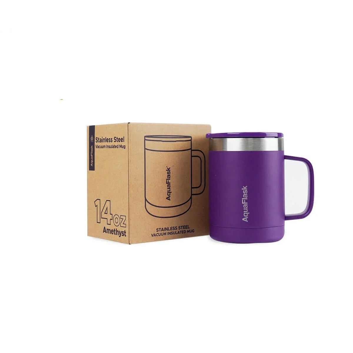 AquaFlask 14oz amethyst purple stainless steel insulated mug beside packaging box