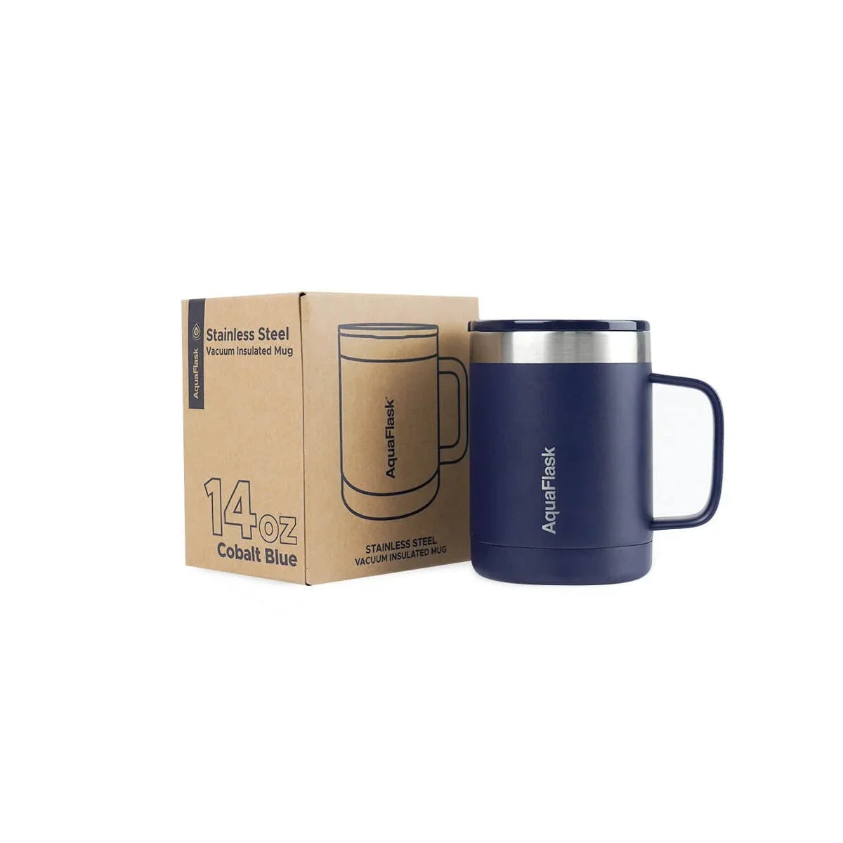 AquaFlask 14oz cobalt blue stainless steel vacuum insulated mug with box