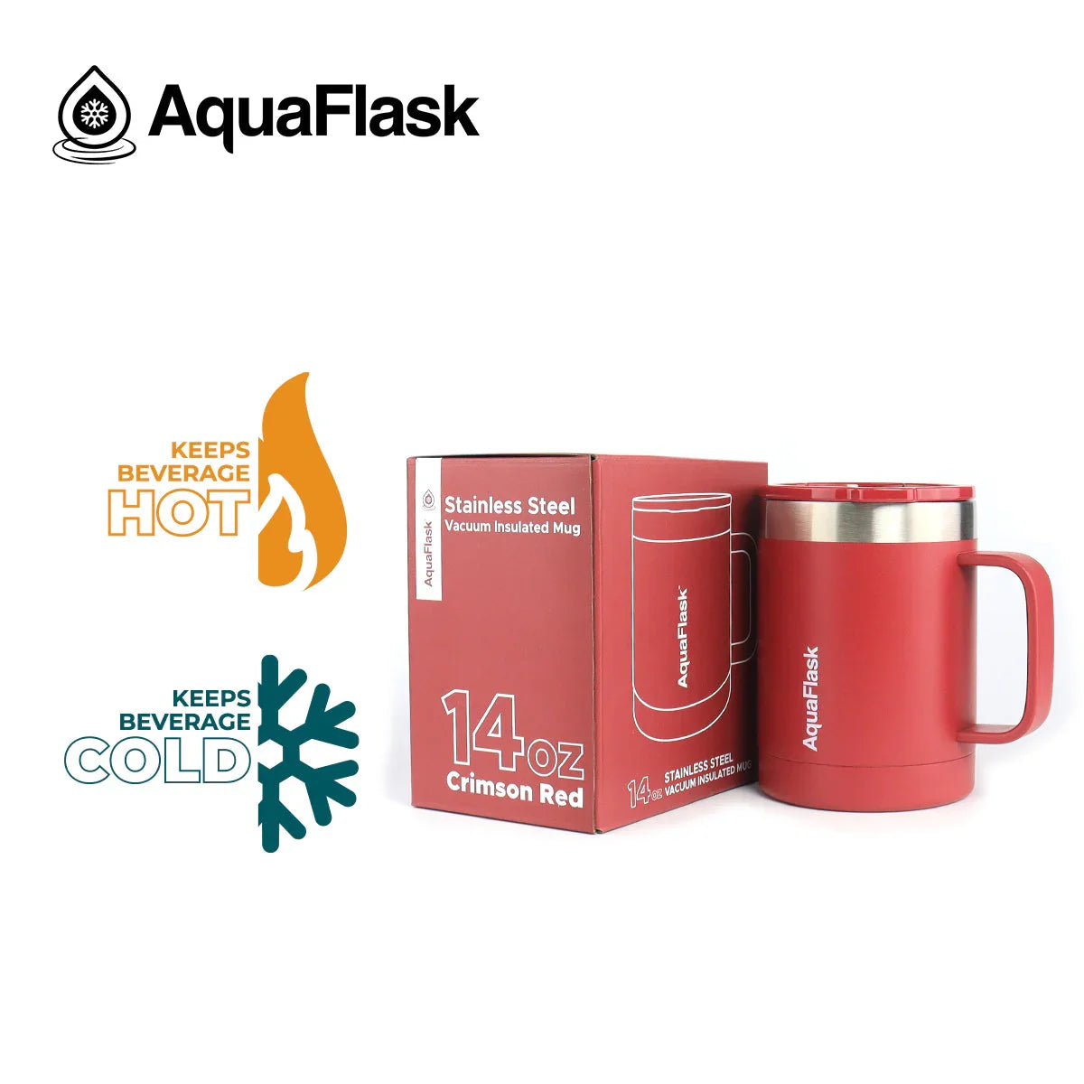 AquaFlask 14oz Crimson Red stainless steel vacuum insulated mug with box, keeps drinks hot or cold