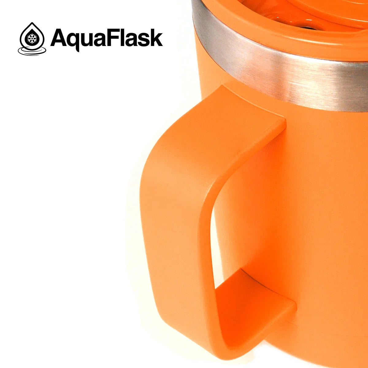 Close-up of orange AquaFlask 14oz insulated mug with handle and metal rim