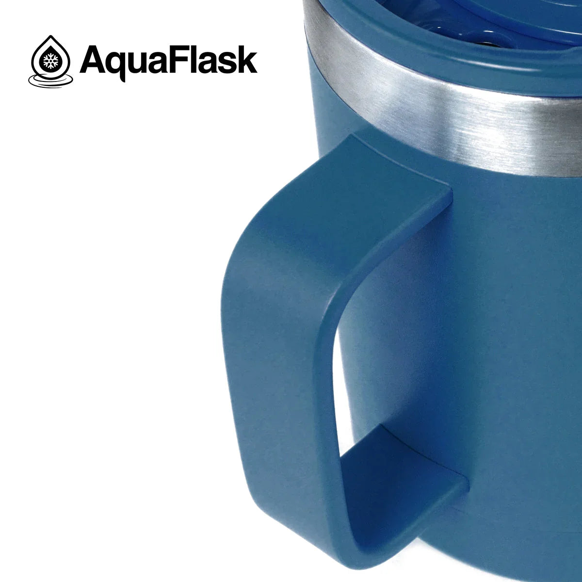 AquaFlask 14oz teal mug with handle and stainless steel rim, close-up product photo