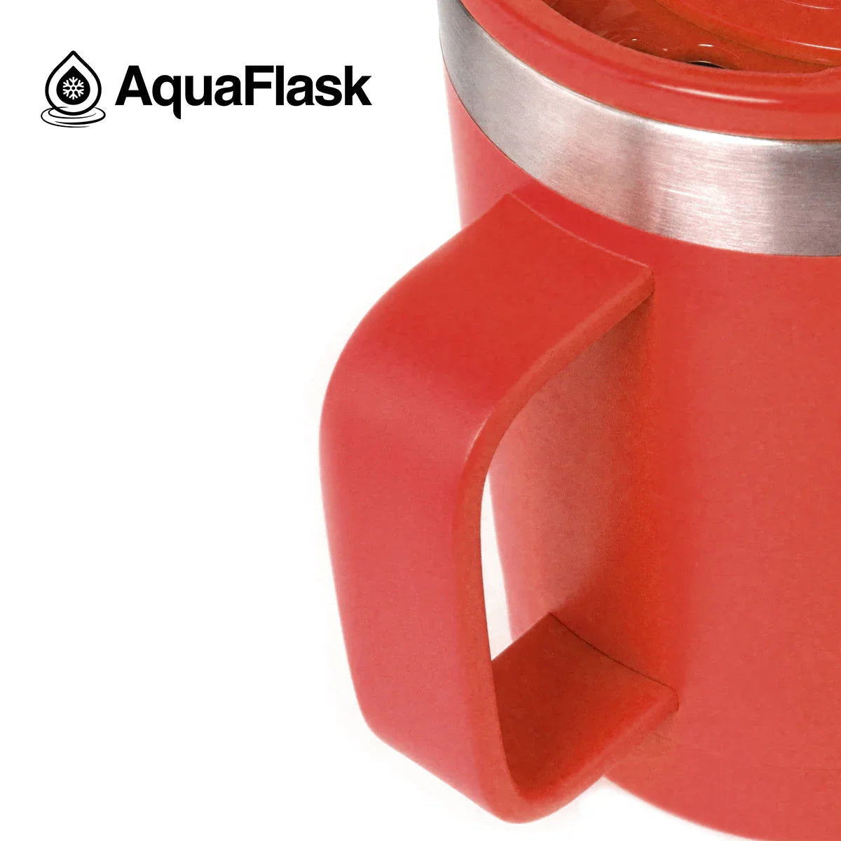 AquaFlask 14oz crimson red insulated mug with handle and stainless steel rim