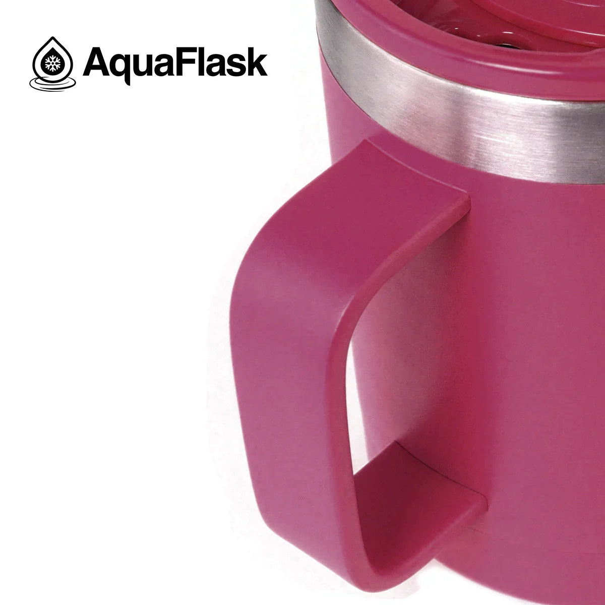 AquaFlask 14oz plum insulated mug with handle and stainless steel rim on white background