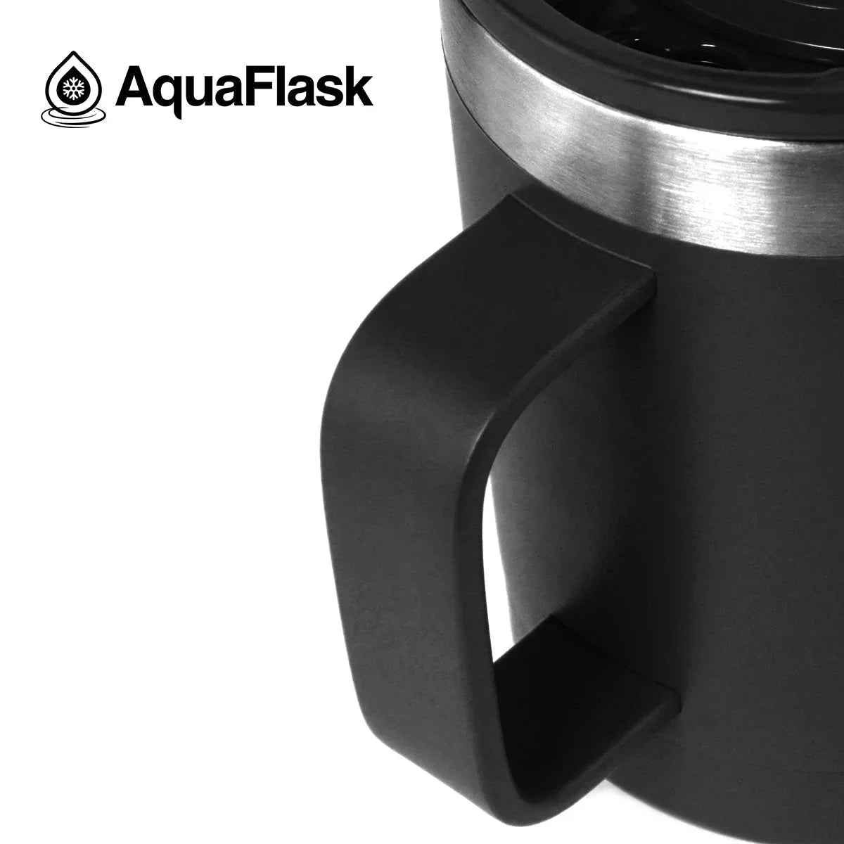 AquaFlask black stainless steel mug with handle, close-up view