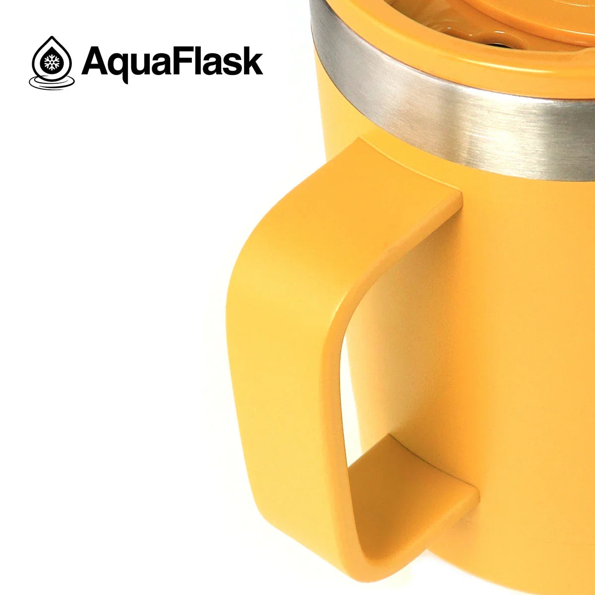 Yellow AquaFlask tumbler with handle and stainless steel rim on a white background