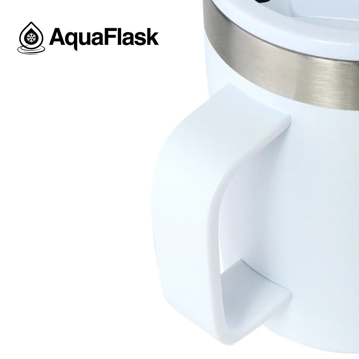 AquaFlask white mug with silver rim and handle, close-up product image