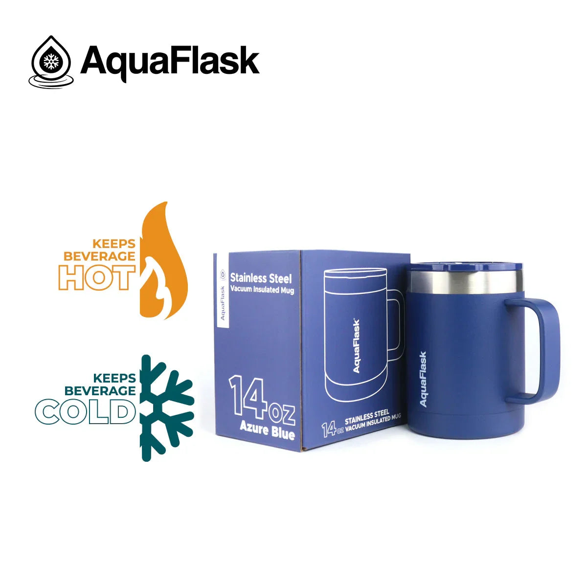 AquaFlask 14oz Azure Blue stainless steel vacuum insulated mug with box