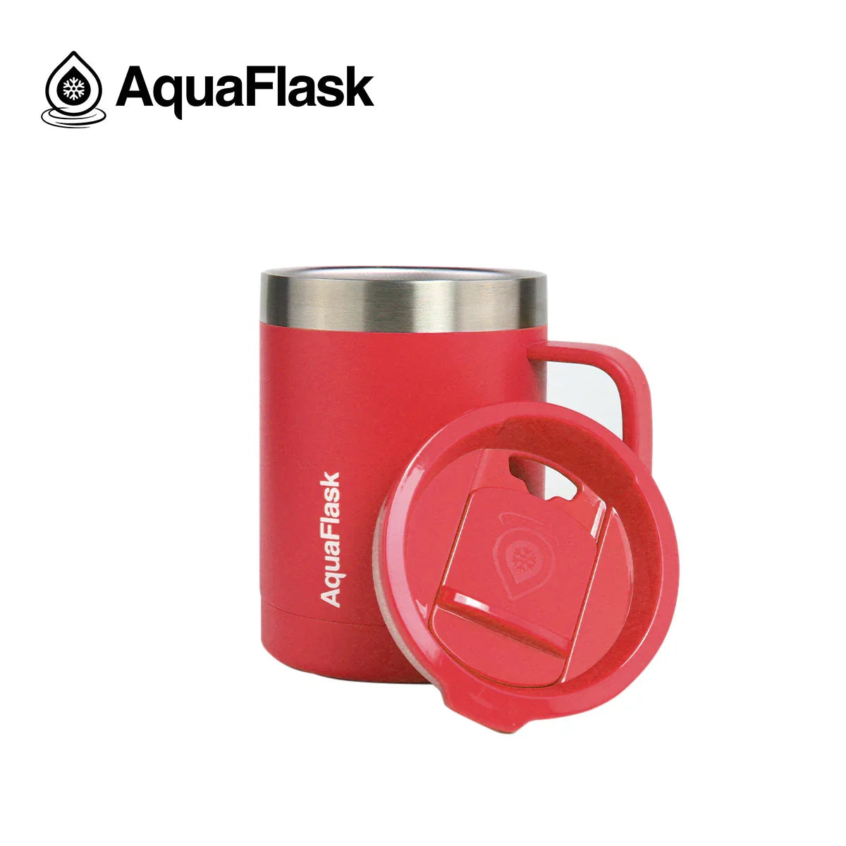 AquaFlask 14oz Crimson Red tumbler with handle and removable lid on white background.