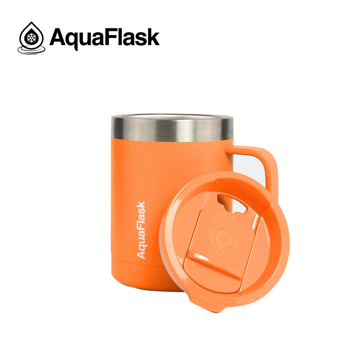 AquaFlask 14oz apricot orange insulated mug with lid on white background