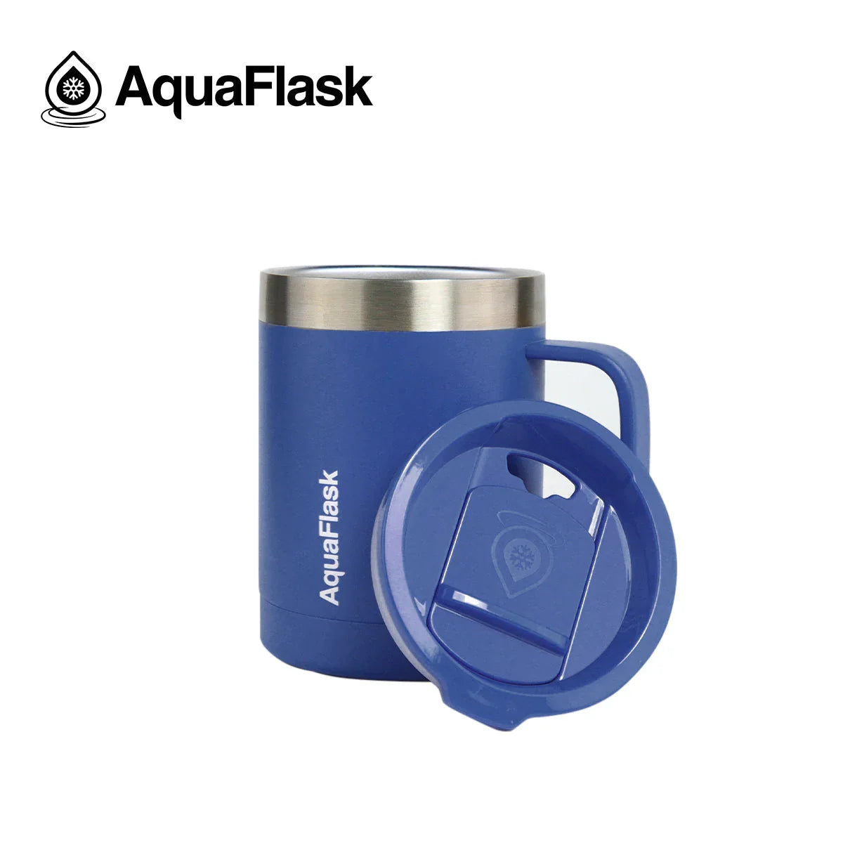 AquaFlask 14oz Azure Blue insulated mug with lid, stainless steel rim, on white background