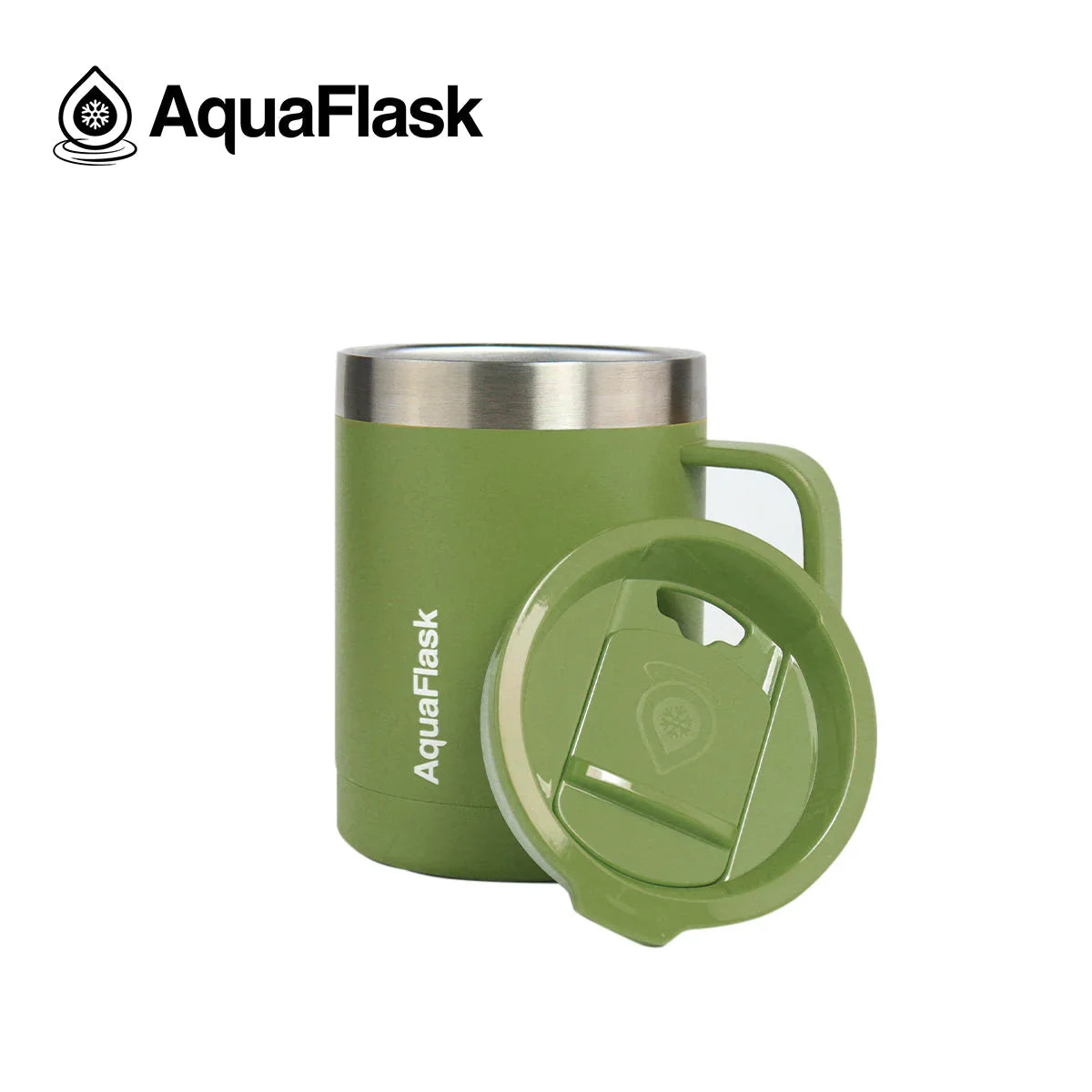 AquaFlask 14oz moss green insulated mug with lid, stainless steel rim, on white background.
