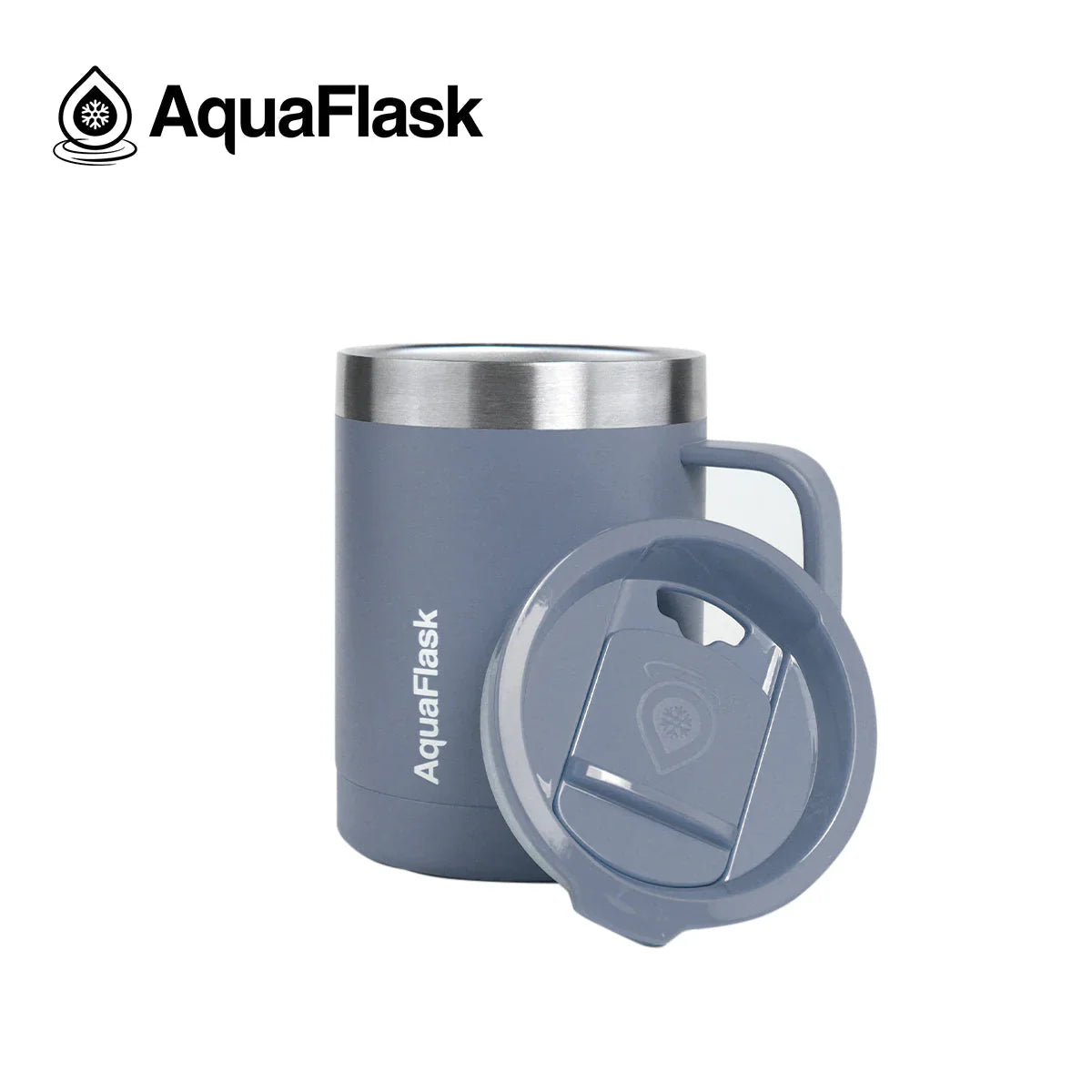 AquaFlask 14oz slate gray insulated mug with handle and removable lid