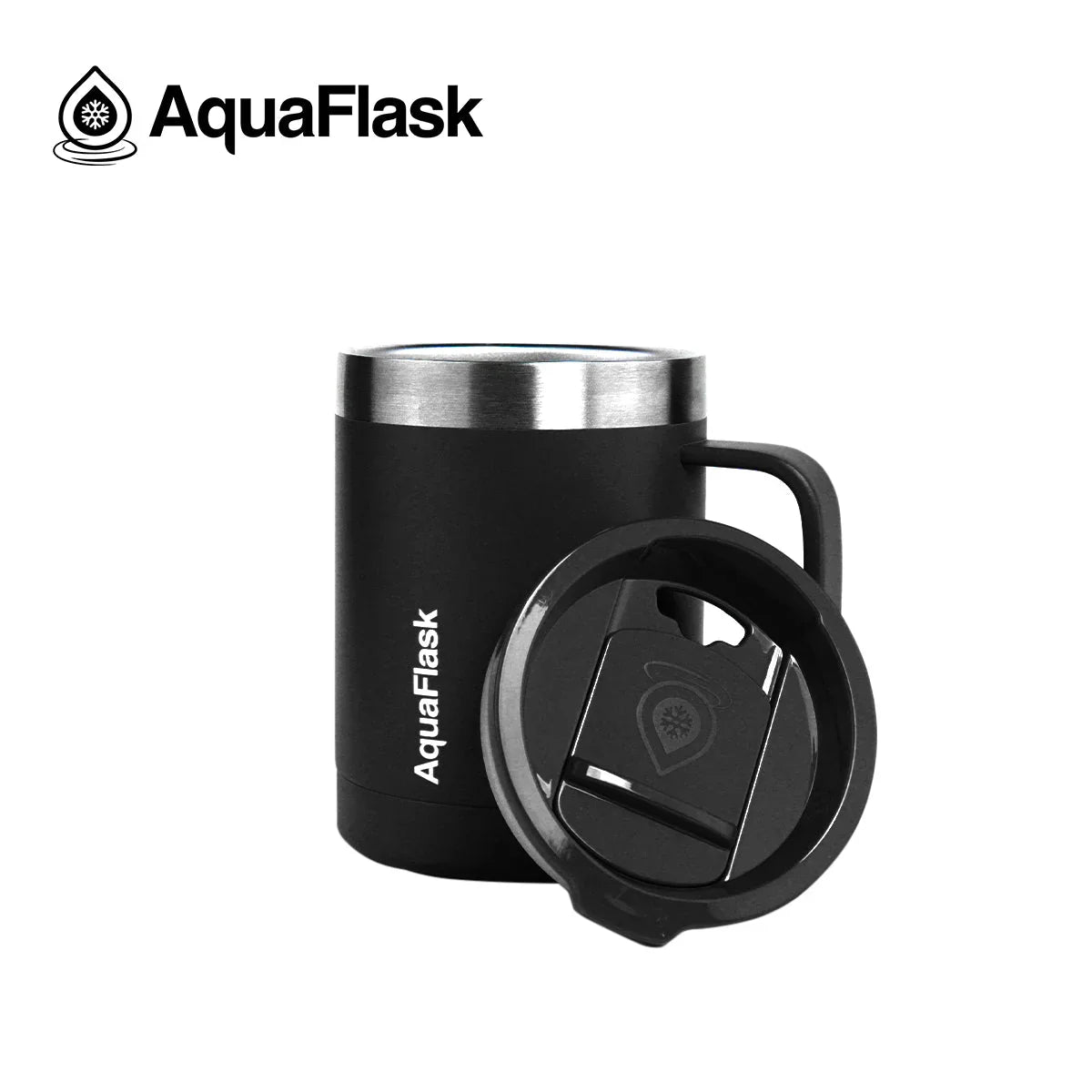 AquaFlask 14oz black insulated mug with handle and lid on white background