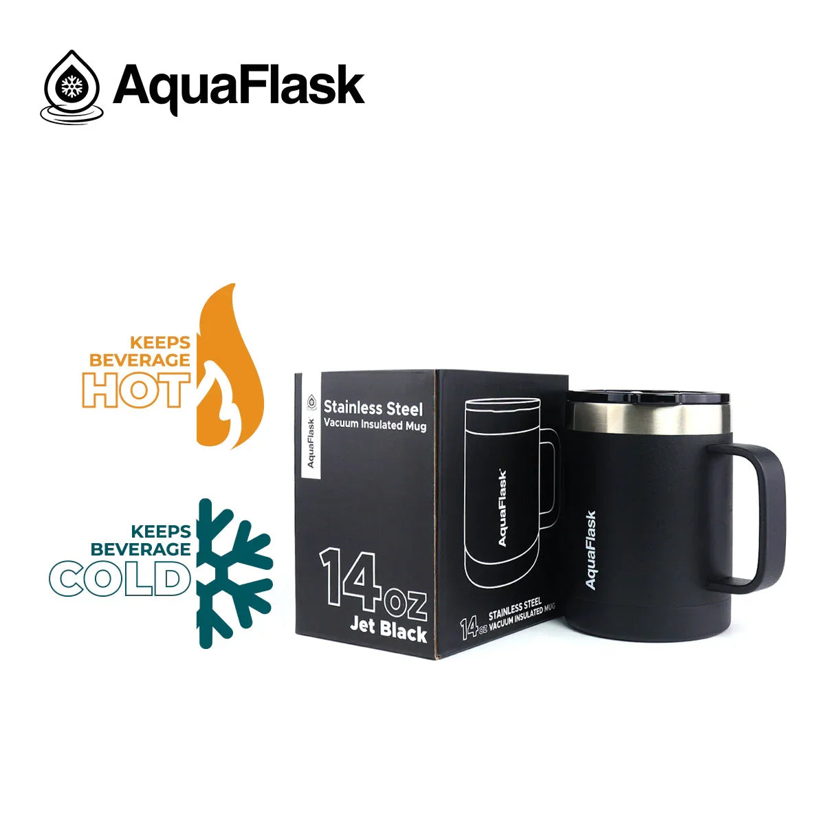 AquaFlask 14oz Jet Black stainless steel vacuum insulated mug with box, keeps hot or cold.