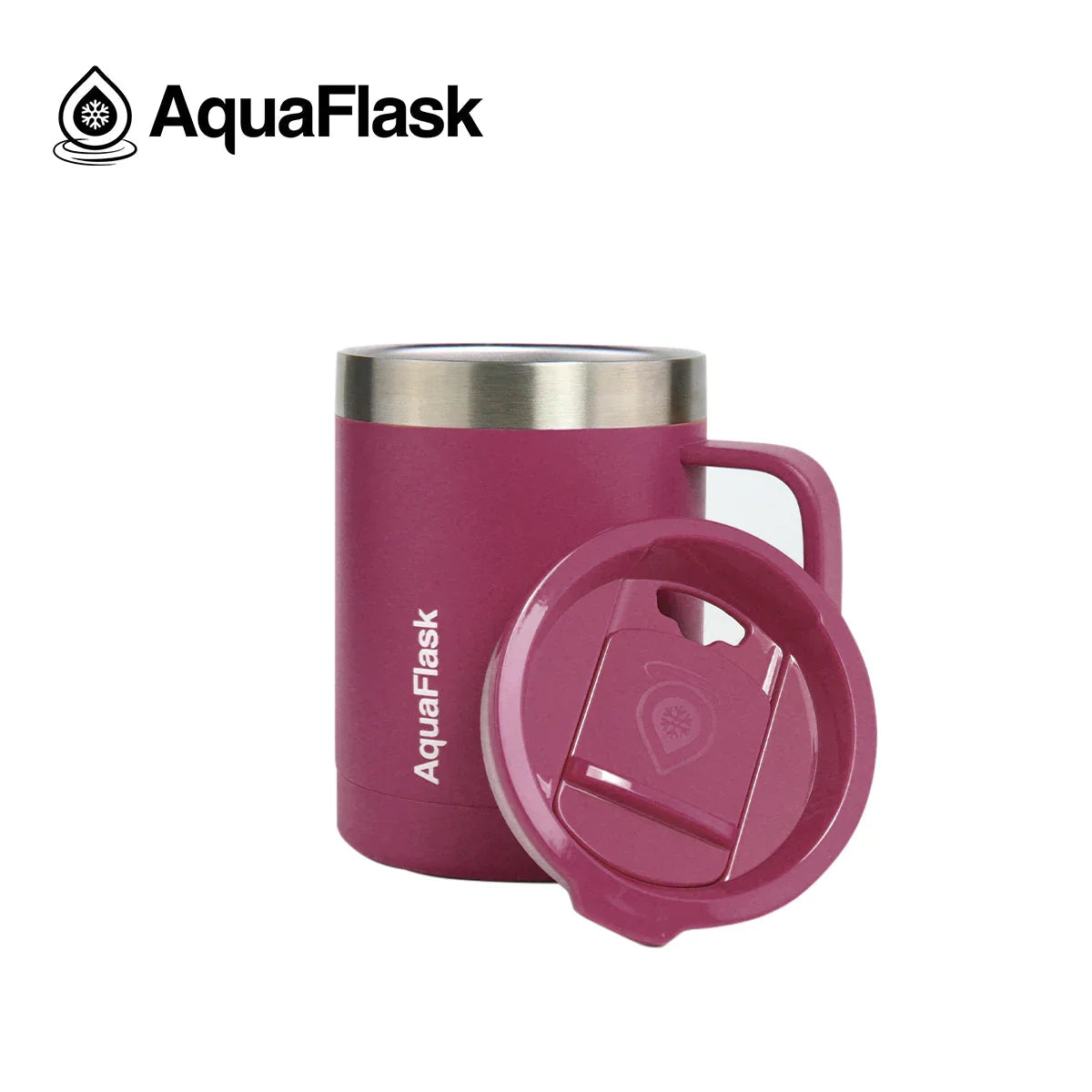 Plum AquaFlask 14oz insulated mug with handle and matching lid on white background
