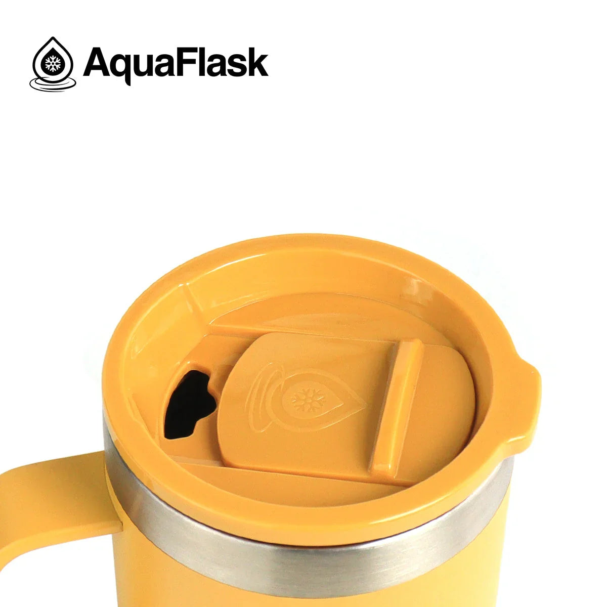 Yellow AquaFlask tumbler with lid, stainless steel rim, and AquaFlask logo on white background.
