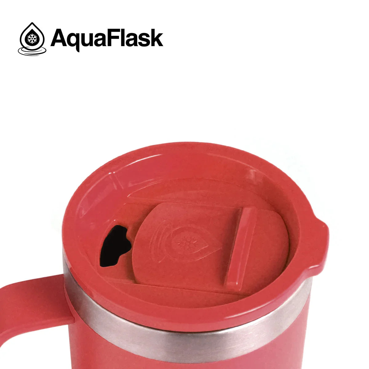 AquaFlask 14oz crimson red insulated tumbler with lid and handle on white background