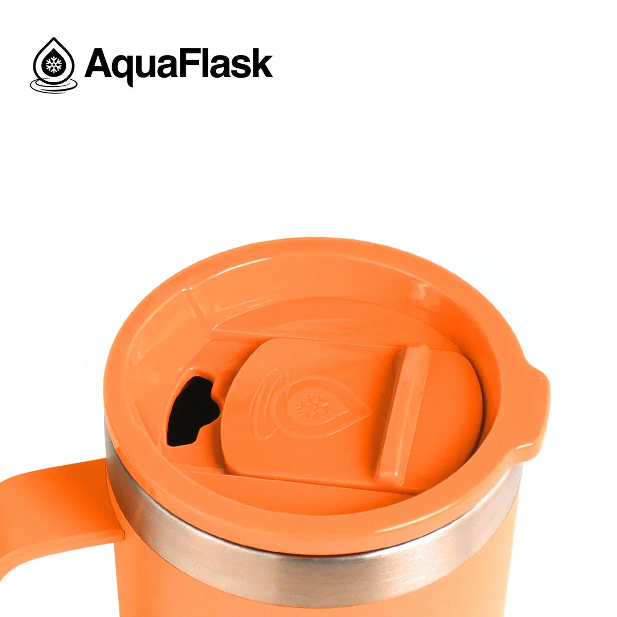 Apricot AquaFlask tumbler with insulated lid and logo, close-up product shot