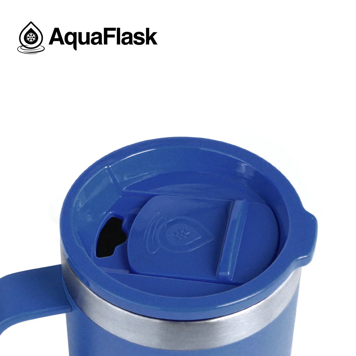 AquaFlask 14oz Azure Blue insulated tumbler with closed lid and logo on white background