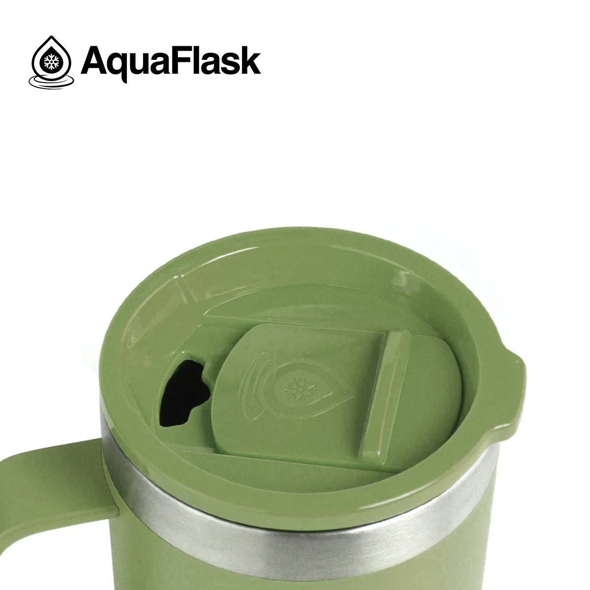 AquaFlask 14oz Moss Green insulated tumbler with lid and handle on white background